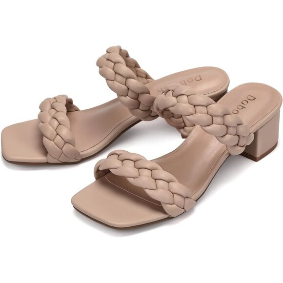 Women's Wide Width Chunky Vintage Square Open Toe Heels Sandals Tan Shoes - Picture 9 of 9